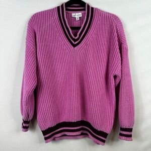 Free Assembly V-Neck Sweater Knit‎ Striped Pullover Casual Pink S Preppy Grandpa